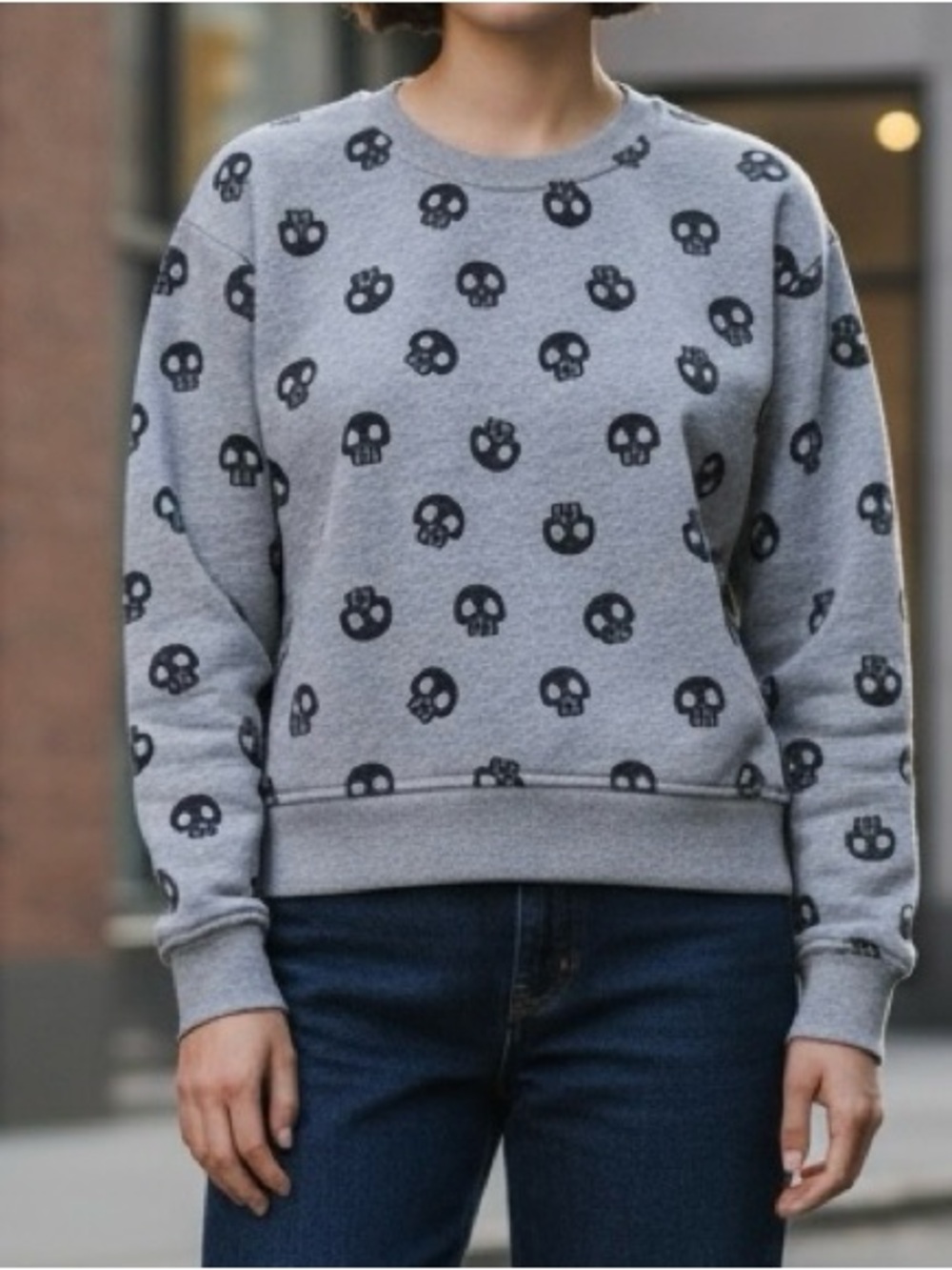 Better Together Long Sleeve Crewneck Skull Sweater Gray and Black Size Large
